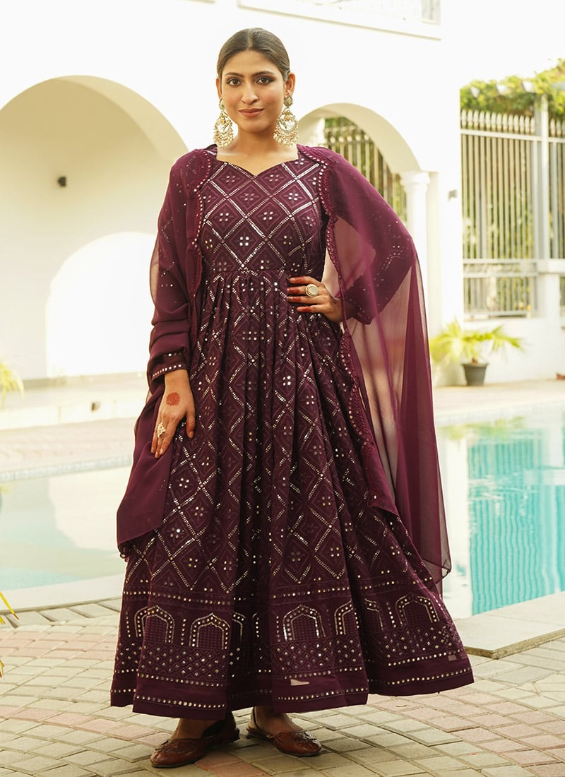 Wine Faux Georgette Thread Embroidered Sequins Anarkali Suit Festive Wear