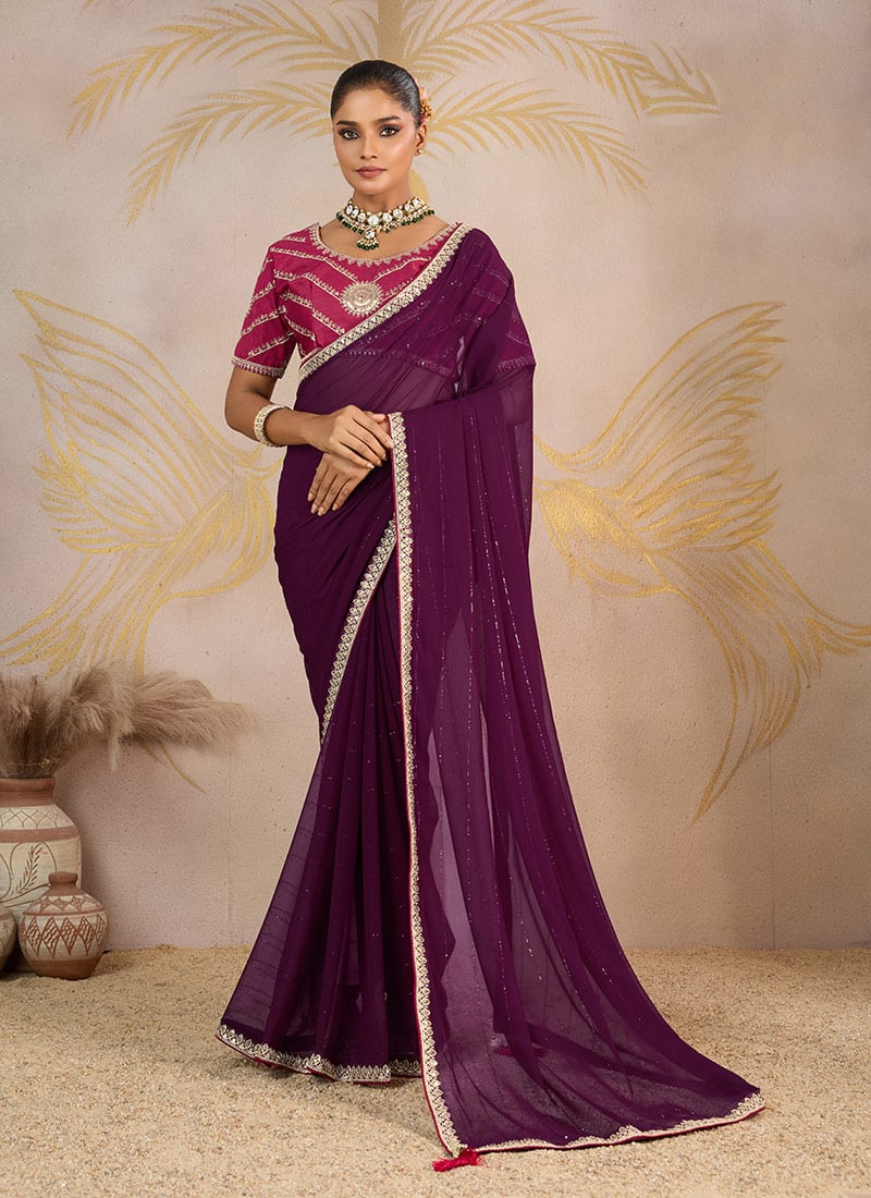 Wine Faux Georgette Zari And Embroidered Sequins Saree Festive Wear