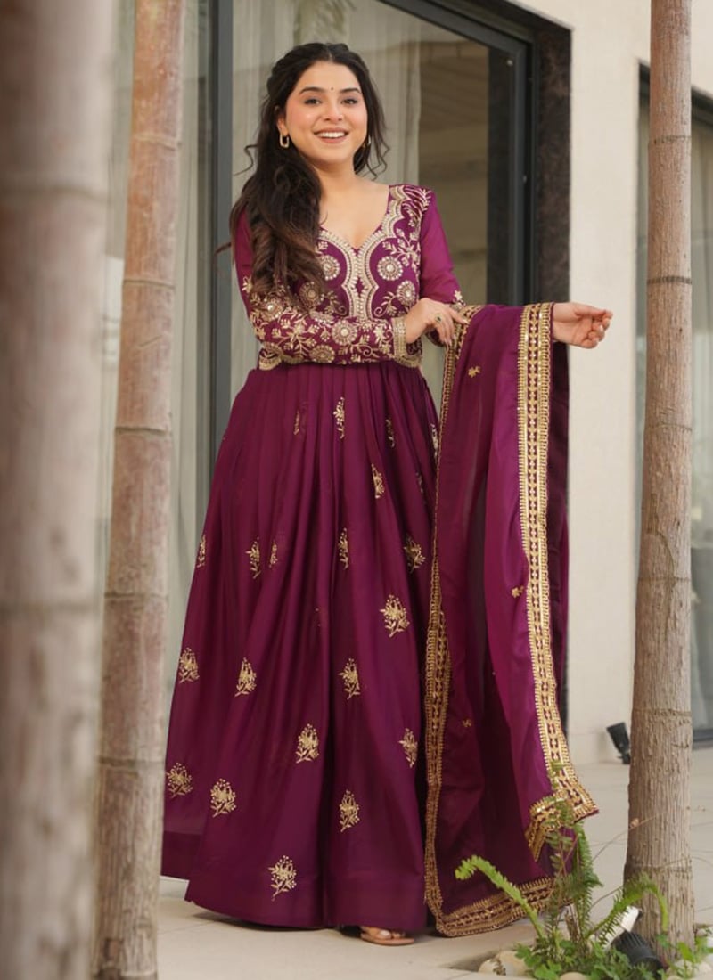 Wine Faux Georgette Zari And Sequins Embroidered Anarkali Suit