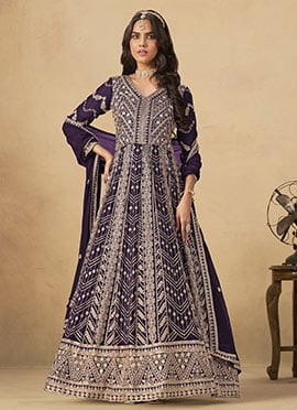 Purple Faux Georgette Zari Embroidered Sequins A Line Anarkali Suit