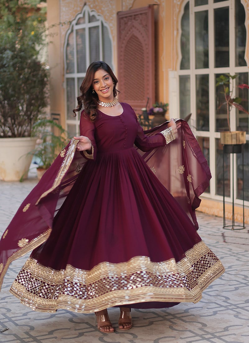 Wine Faux Georgette Zari Embroidered Sequins A Line Anarkali Suit Festive Wear