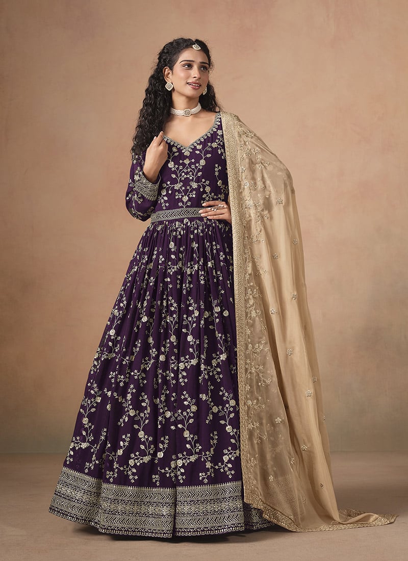Wine Faux Georgette Zari Embroidered Sequins Anarkali Suit Festive Wear