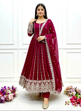 Wine Faux Georgette Zari Embroidered Sequins Anarkali Suit