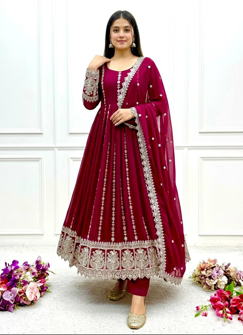 Wine Faux Georgette Zari Embroidered Sequins Anarkali Suit Festive Wear