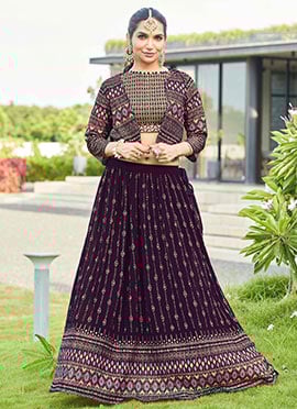 Wine Faux Georgette Zari Embroidered Sequins Jacket Skirt Set