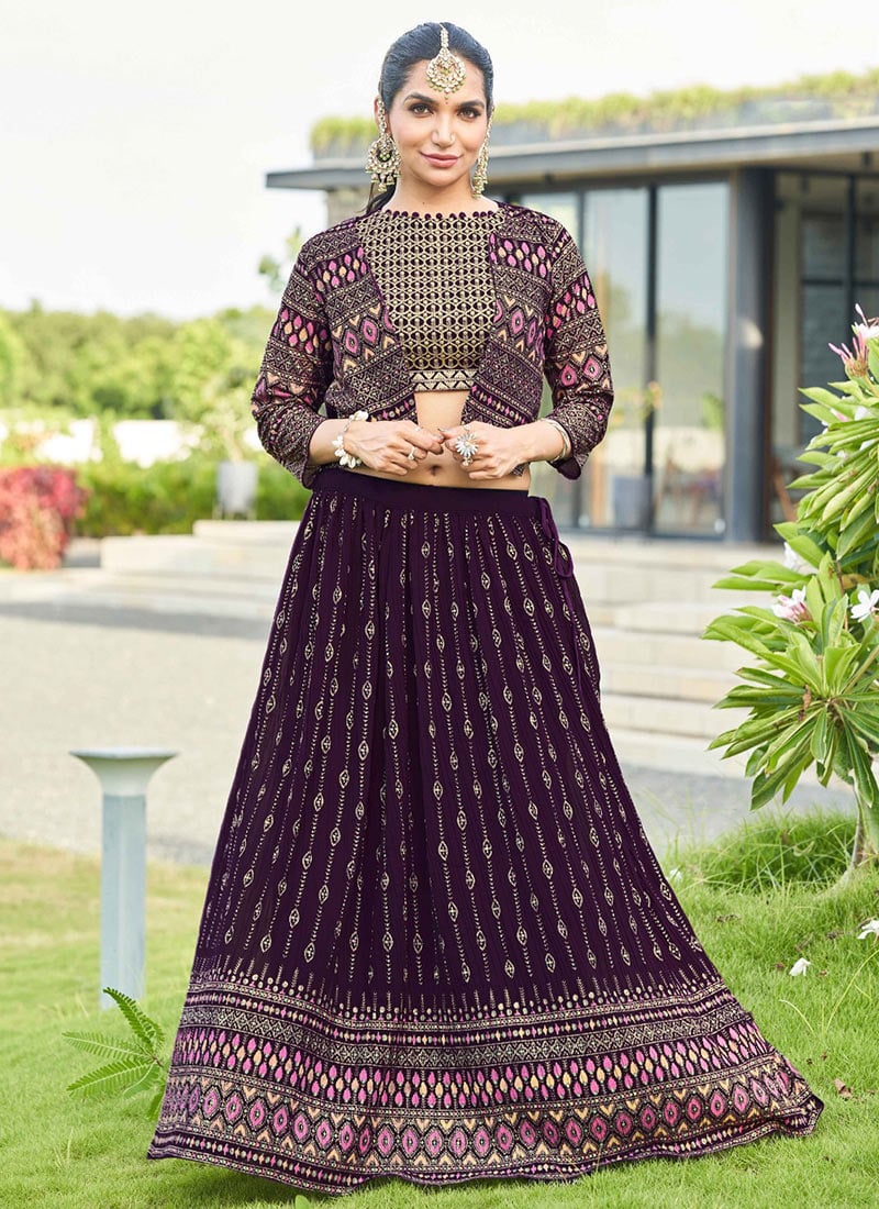 Wine Faux Georgette Zari Embroidered Sequins Jacket Skirt Set Wedding Wear