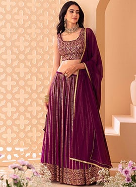 Wine Faux Georgette Zari Embroidered Sequins Lehenga