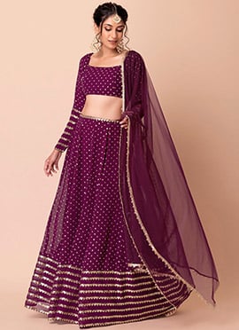 Wine Faux Georgette Zari Embroidered Sequins Lehenga