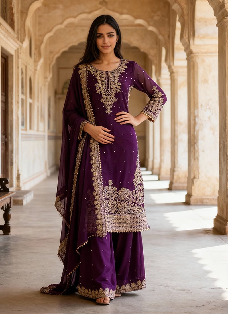 Wine Faux Georgette Zari Embroidered Sequins Palazzo Suit Festive Wear