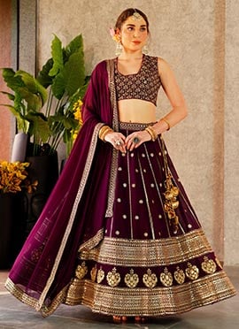 Wine Faux Georgette Zari Embroidered Sequins Regal Lehenga