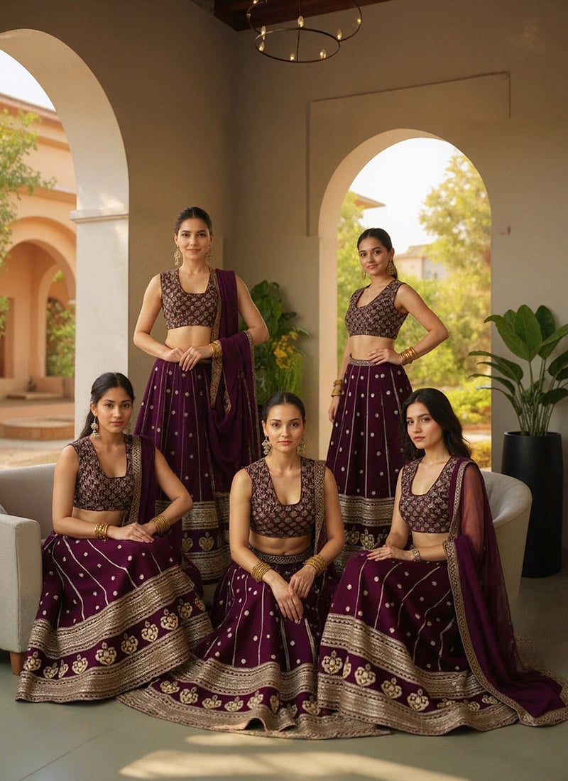 Wine Faux Georgette Zari Embroidered Sequins Regal Lehenga Wedding Wear
