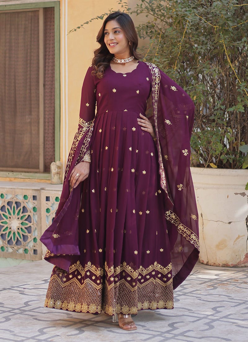 Wine Faux Georgette Zari Embroidered Sequins Stunning Anarkali Suit Festive Wear