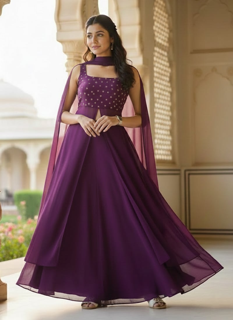 Wine Faux Georgette Zari Lehenga Wedding Wear