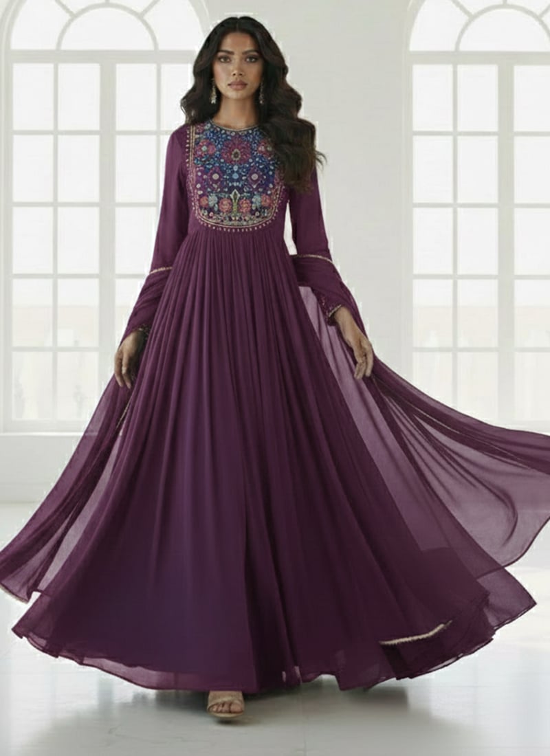 Wine Faux Georgette Zari Sequins Anarkali Suit Festive Wear