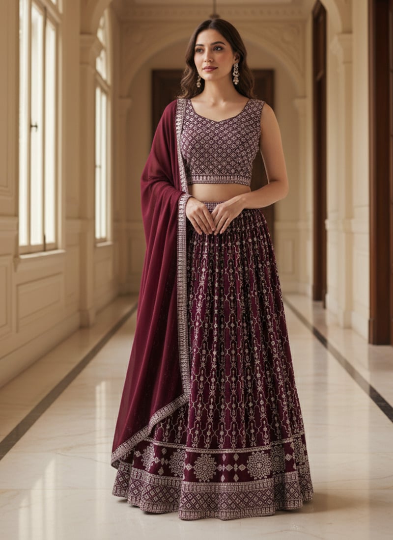 Wine Faux Georgette Zari Sequins Embroidered Lehenga Choli Wedding Wear