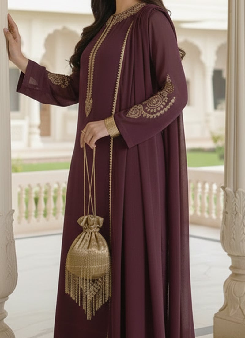 Wine Faux Georgette Palazzo Suit
