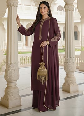 Wine Faux Georgette Zari Sequins Palazzo Suit