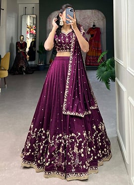 Wine Faux Vichitra Silk Embroidered Sequins Lehenga