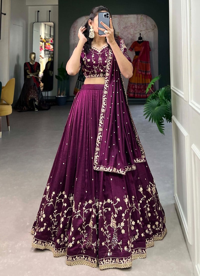Wine Faux Vichitra Silk Embroidered Sequins Lehenga Wedding Wear