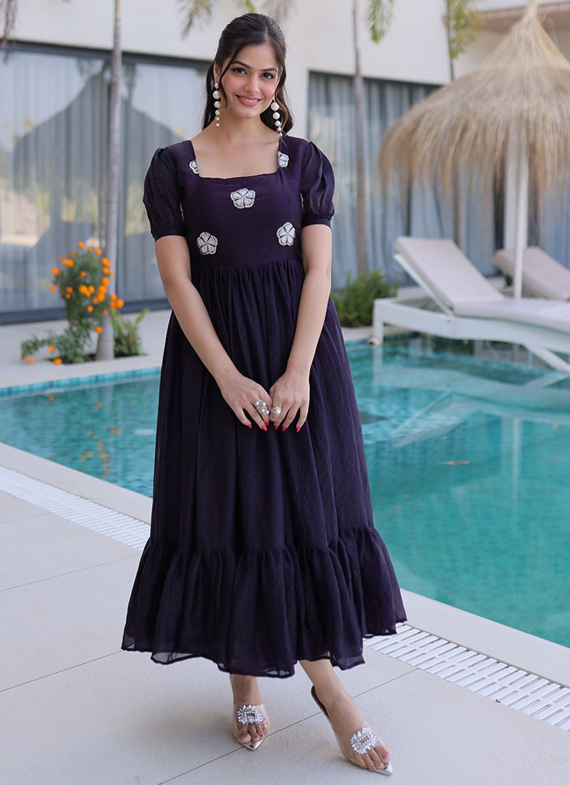 Wine Fendy Silk Embroidered Beaded Fit And Flare Dress After Six Wear