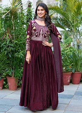 Wine Fendy Silk Embroidered Sequins Anarkali Suit