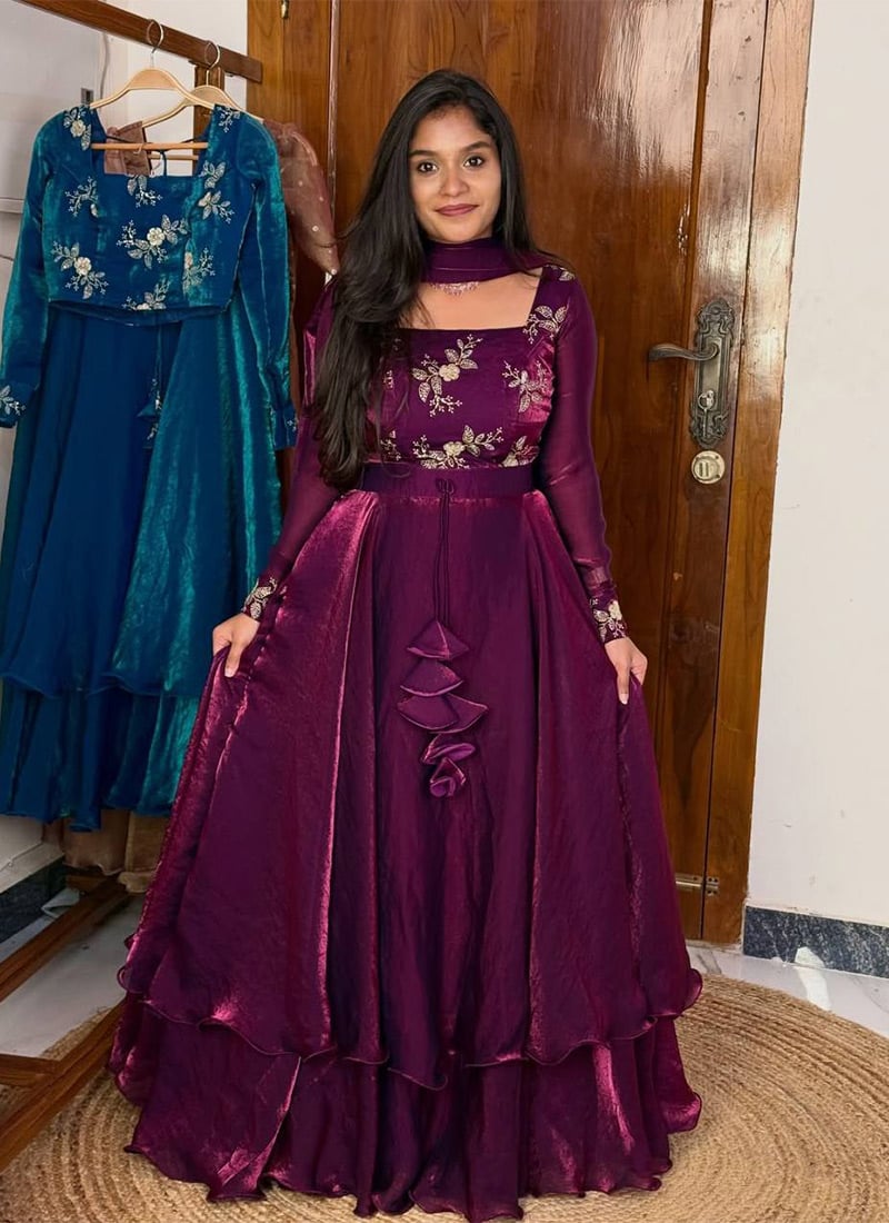 Wine Fendy Silk Embroidered Sequins Lehenga Festive Wear