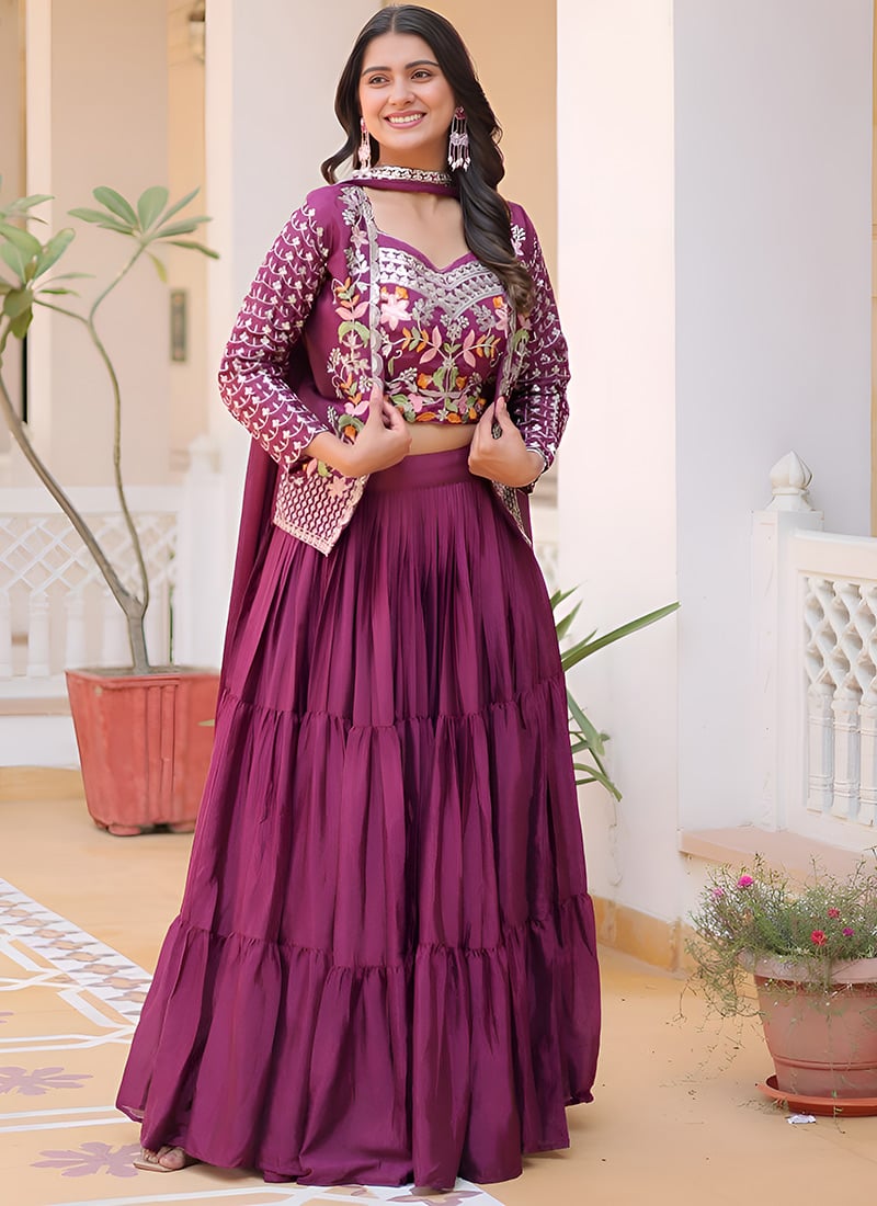 Wine Foil Print Thread Umbrella Lehenga Festive Wear