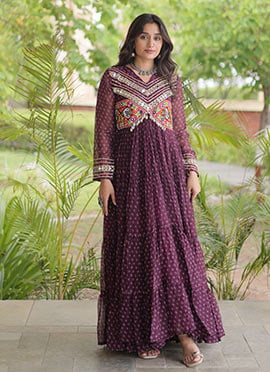 Wine Georgette Bandhani Kutchi Patch Navratri Gown