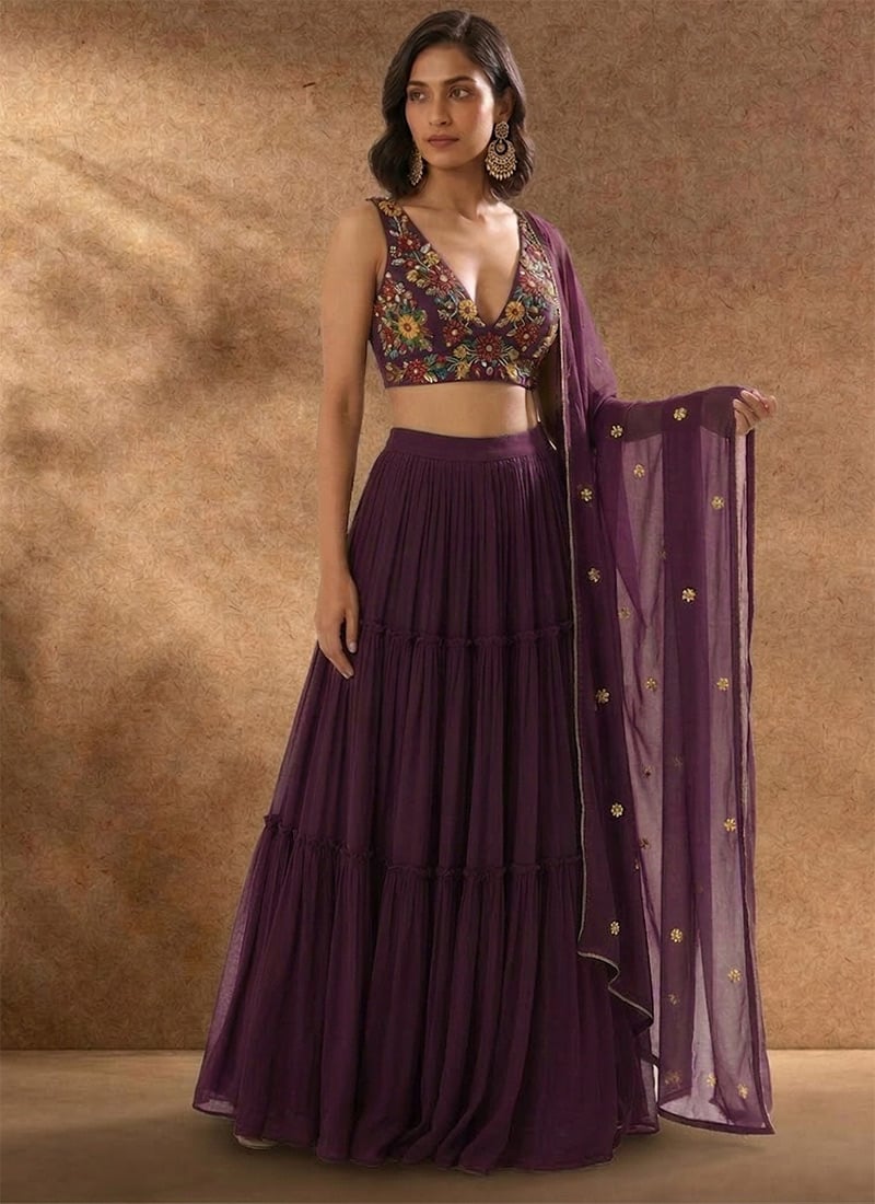 Wine Georgette Beads Stone Sequins Hand Embroidered Lehenga Wedding Wear