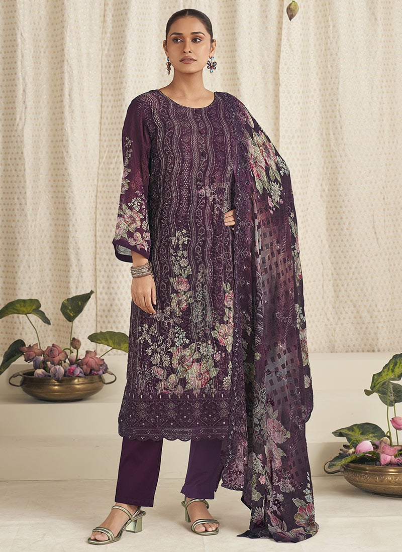 Wine Georgette Digital Print Straight Pant Suit After Six Wear