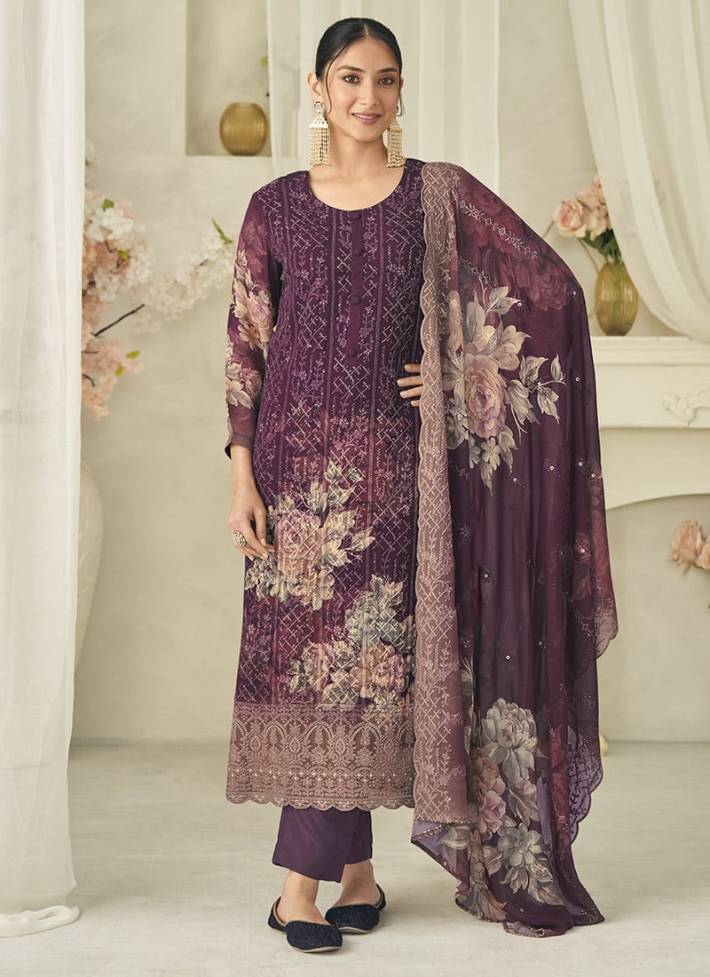 Wine Georgette Digital Printed With Lucknowi Embroidered Straight Pant Suit Festive Wear