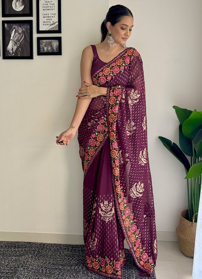 Wine Georgette Embroidered And Sequins Thread Work Saree