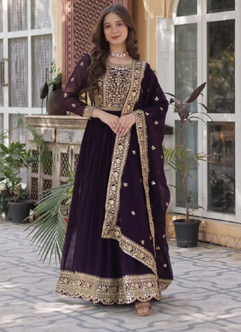 Wine Georgette Embroidered Floor Length Anarkali Suit After Six Wear