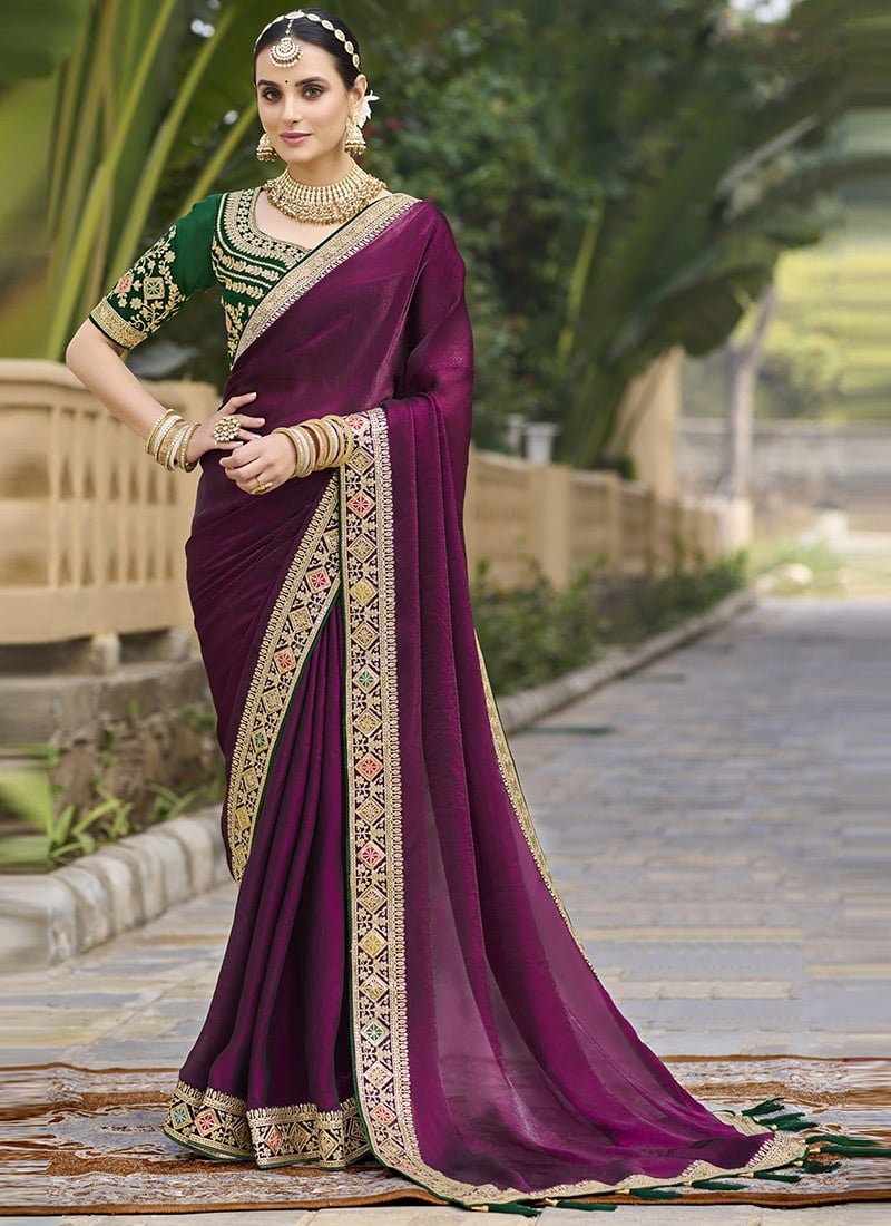 Wine Georgette Embroidered Saree