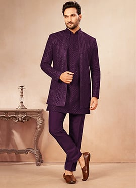 Wine Georgette Embroidered Sequin Open Jodhpuri Indo Western Sherwani