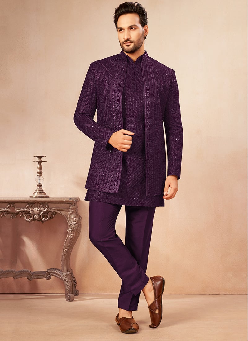 Wine Georgette Embroidered Sequin Open Jodhpuri Indo Western Sherwani Wedding Wear
