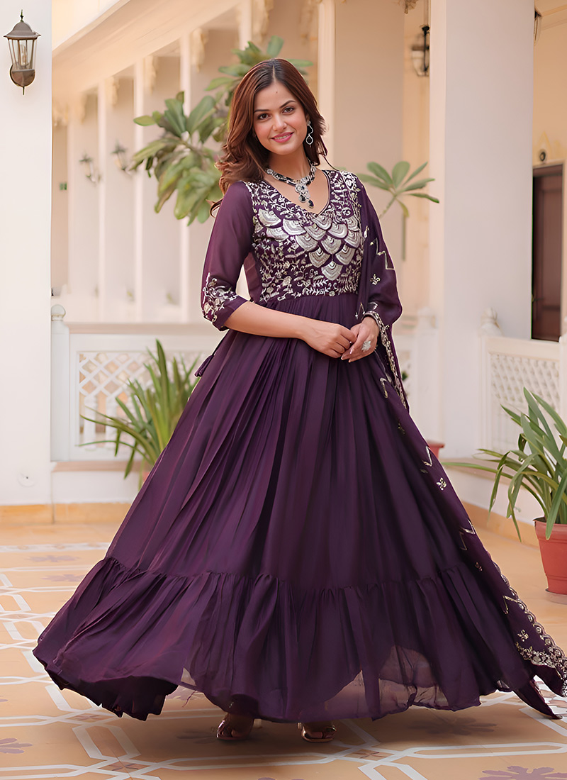 Wine Georgette Embroidered Sequins Anarkali Suit
