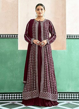 Wine Georgette Embroidered Sequins Anarkali Suit With Jacket