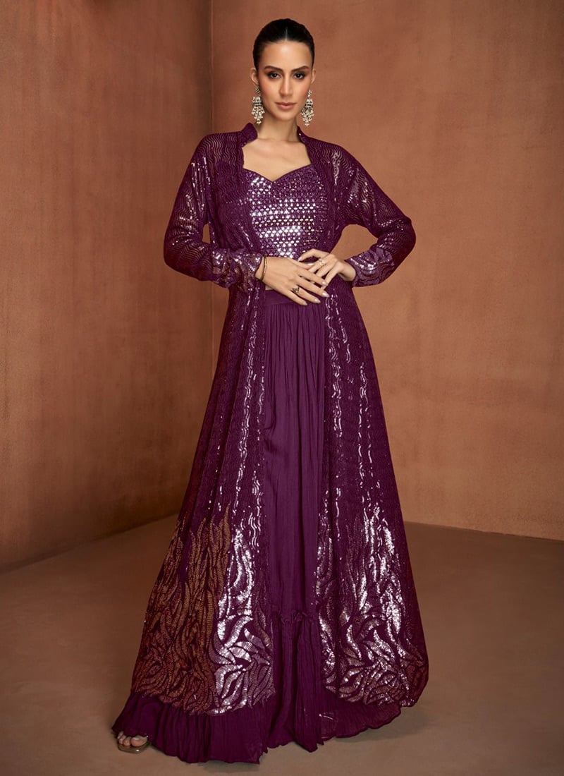 Wine Georgette Embroidered Sequins Indowestern Jacket Palazzo Set Wedding Wear