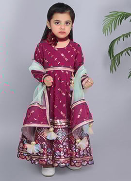 Wine Georgette Embroidered Sequins Kids Girls Anarkali Suit