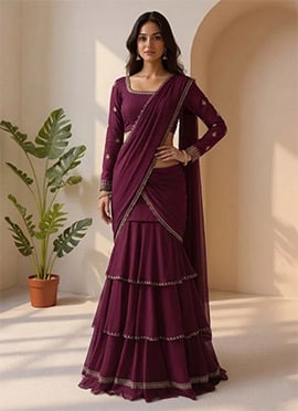 Wine Georgette Embroidered Sequins Lehenga Saree