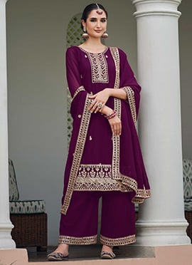 Wine Georgette Embroidered Sequins Palazzo Suit A Touch Of Royalty