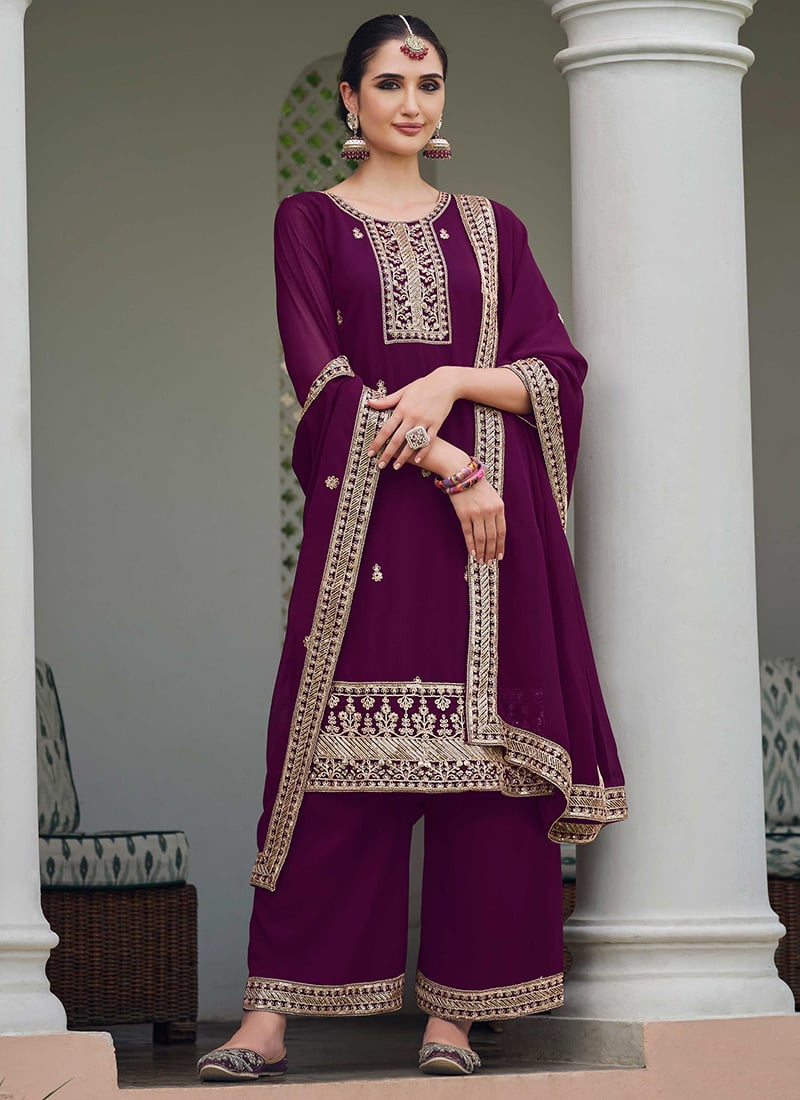 Wine Georgette Embroidered Sequins Palazzo Suit A Touch Of Royalty Festive Wear