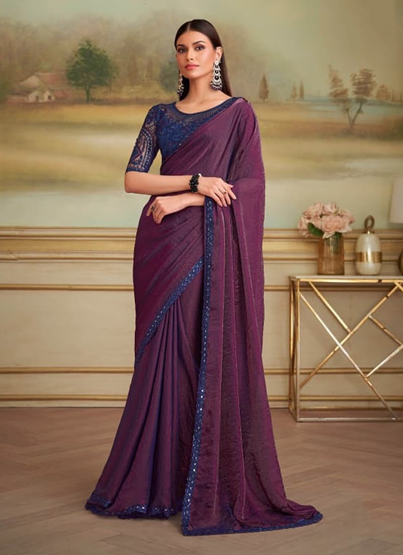 Wine Georgette Embroidered Sequins Saree Festive Wear