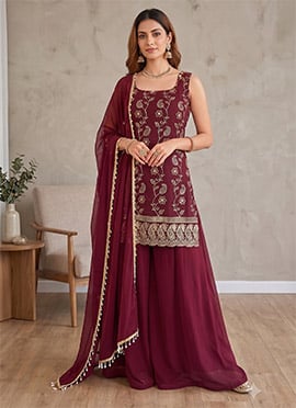 Wine Georgette Embroidered Sequins Sharara Suit