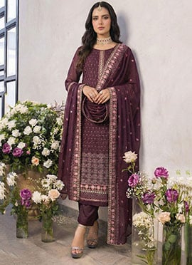 Wine Georgette Embroidered Sequins Straight Pant Suit