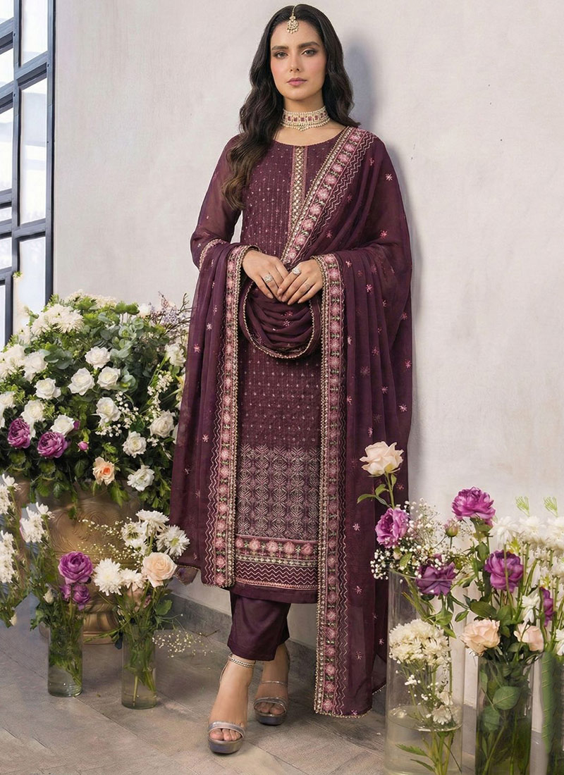 Wine Georgette Embroidered Sequins Straight Pant Suit Festive Wear