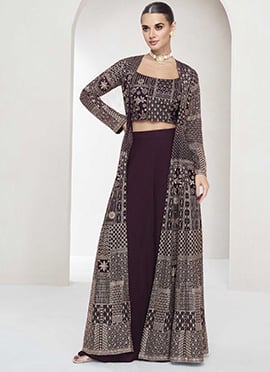 Wine Georgette Embroidered Sequins Stunning Indowestern Jacket Palazzo Set