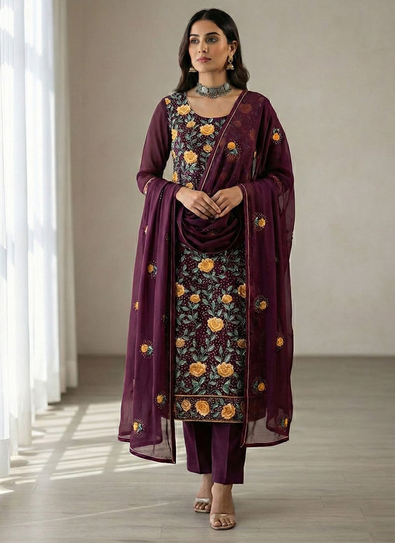Wine Georgette Embroidered Sequins Thread Straight Pant Suit Festive Wear