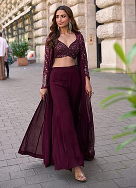 Wine Georgette Embroidered Sequins With Stone Work Indowestern Jacket Palazzo Set